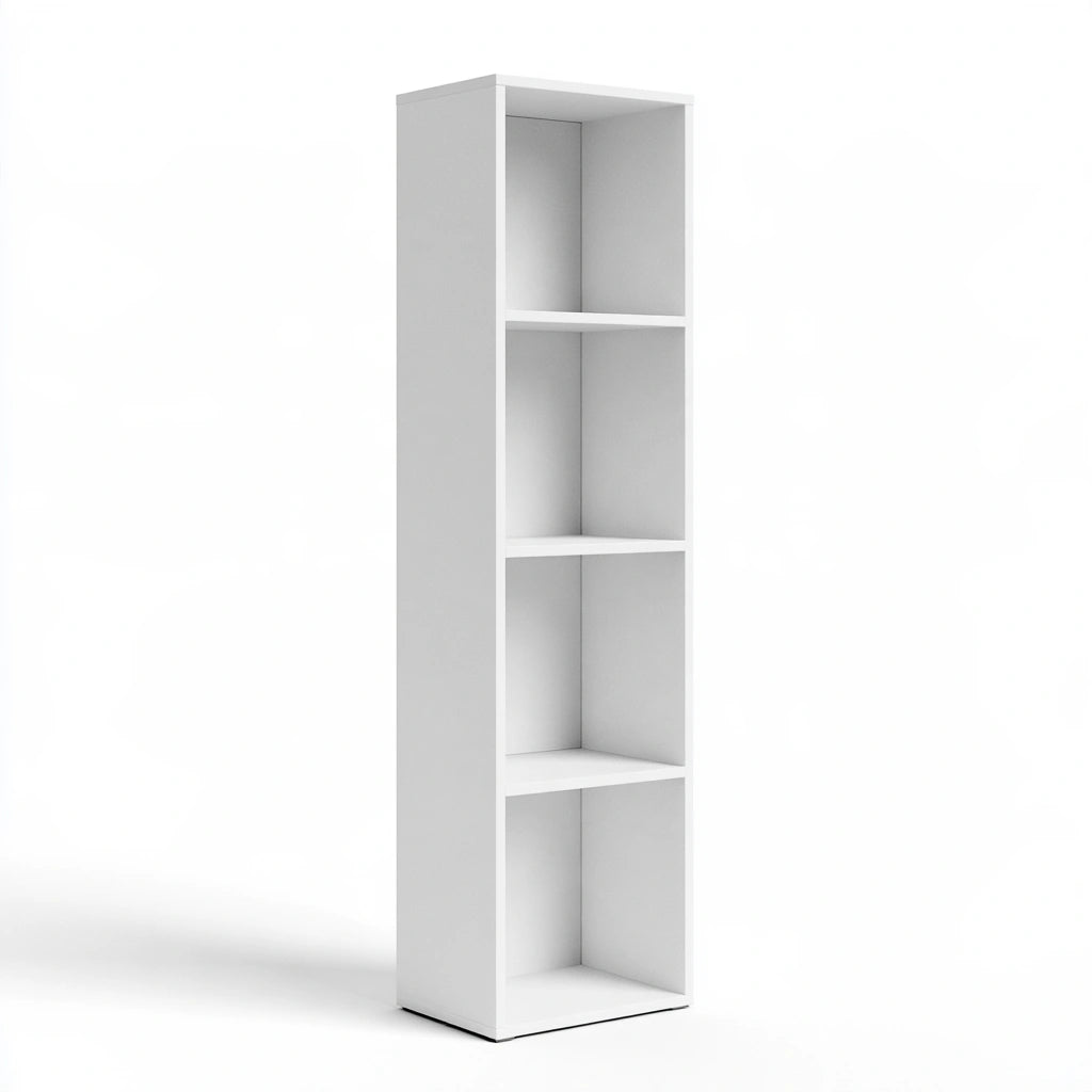 Bibliothèque ouverte aux lignes épurées à quatre niveaux, coloris blanc