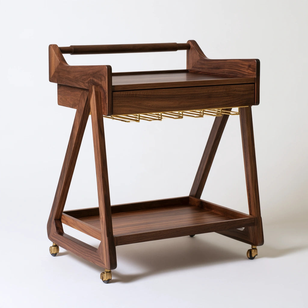 Desserte mobile en bois en bois finition noyer sur roulettes, coloris brun noyer
