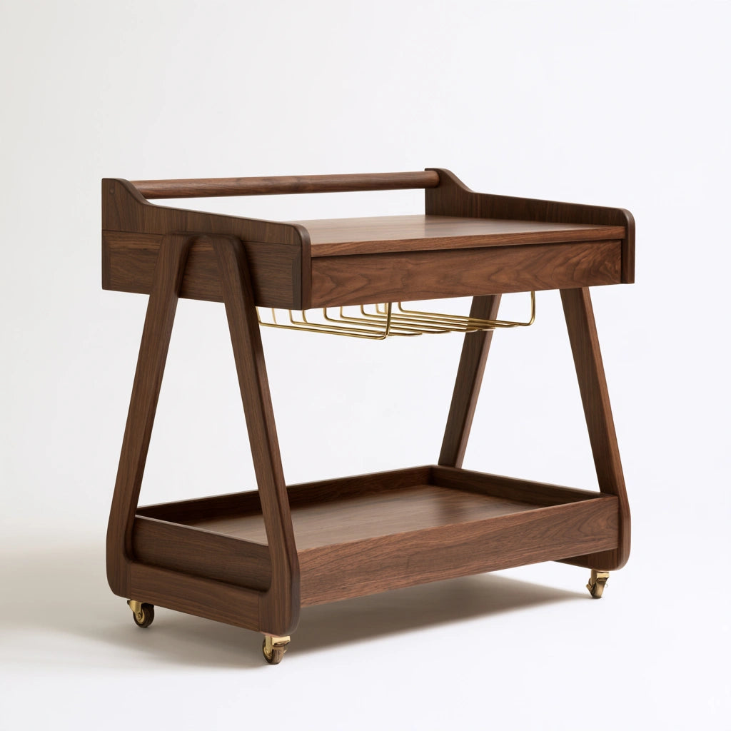 Desserte mobile en bois en bois finition noyer sur roulettes, coloris brun noyer