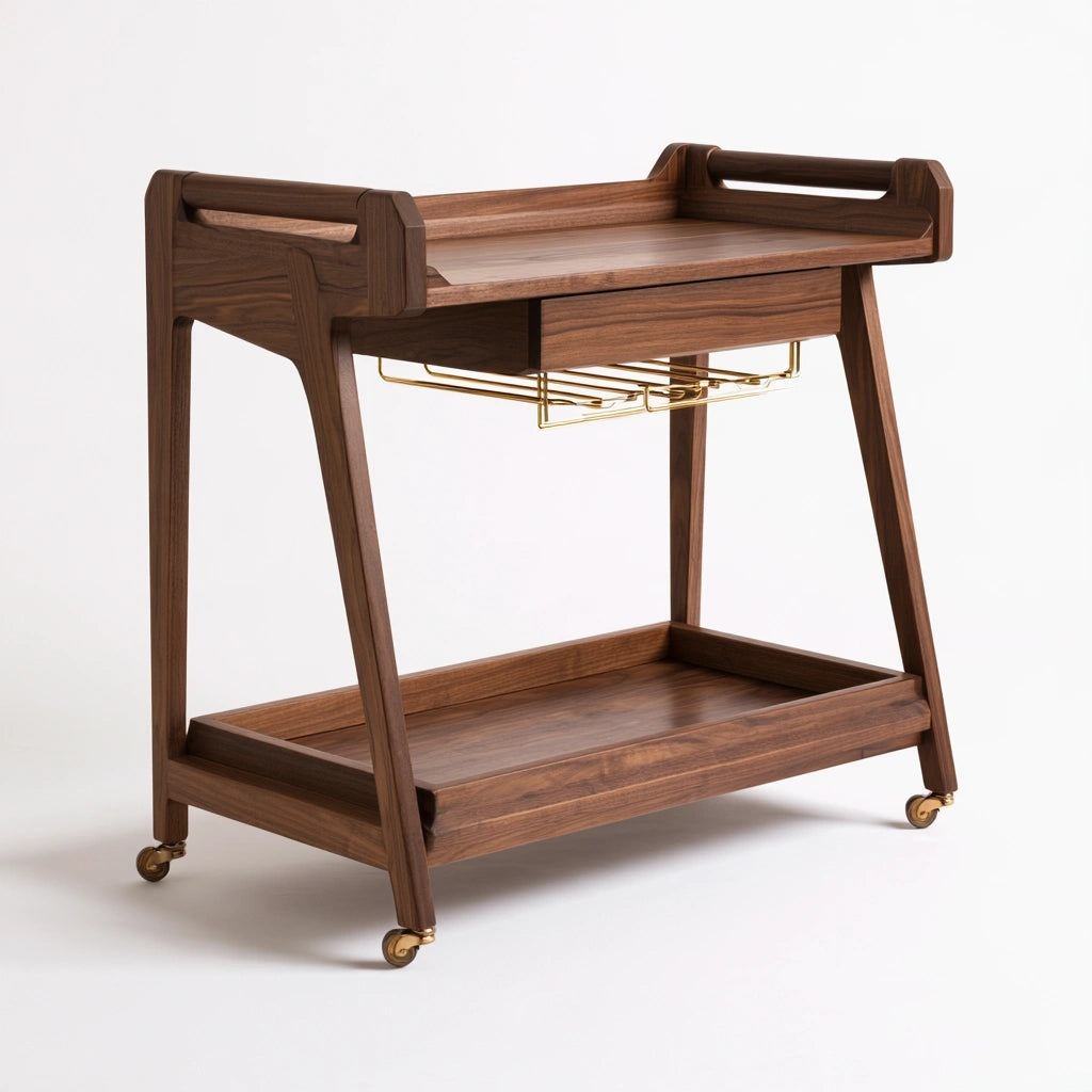 Desserte mobile en bois en bois finition noyer sur roulettes, coloris brun noyer